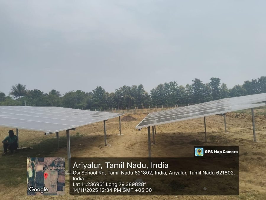 Ground-mounted solar array installed by Shakthi Solar on open land at Ariyalur, Tamil Nadu