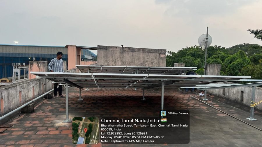 Elevated rooftop solar installation by Shakthi Solar at Tambaram East, Chennai